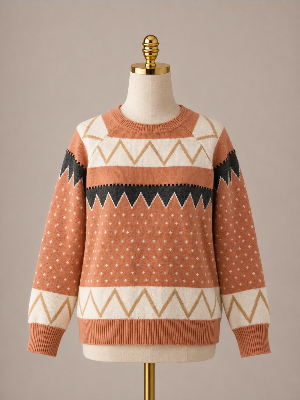 Mazik Terracotta Patterned Crewneck Sweater with Cream & Charcoal Accents